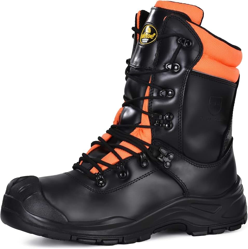 SAFETOE Sicherheits-Kettensäge Schnittschutzstiefel Klasse 1 mit echter Kuh Heavy Duty Stahlzehe Leder Memory Foam Einlegesohlen Holzschnitt Baustellenarbeiten