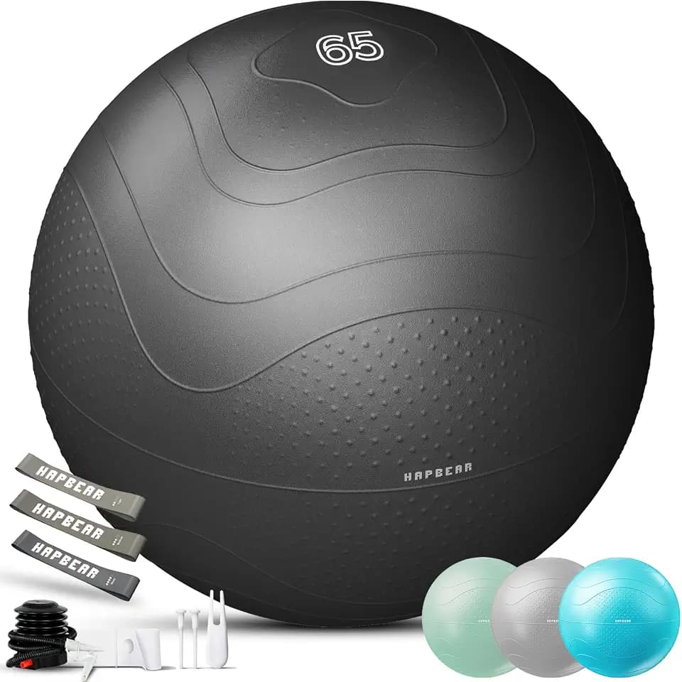 HAPBEAR Gymnastikball & Sitzball (55/65/75 cm) – Anti-Burst, rutschfest Mit Massage-Noppen, Extra Dickes PVC, Bis 200 Kg – Komplettset Mit Fußpumpe & 3 Widerstandsbändern für Fitness, Büro & Yoga