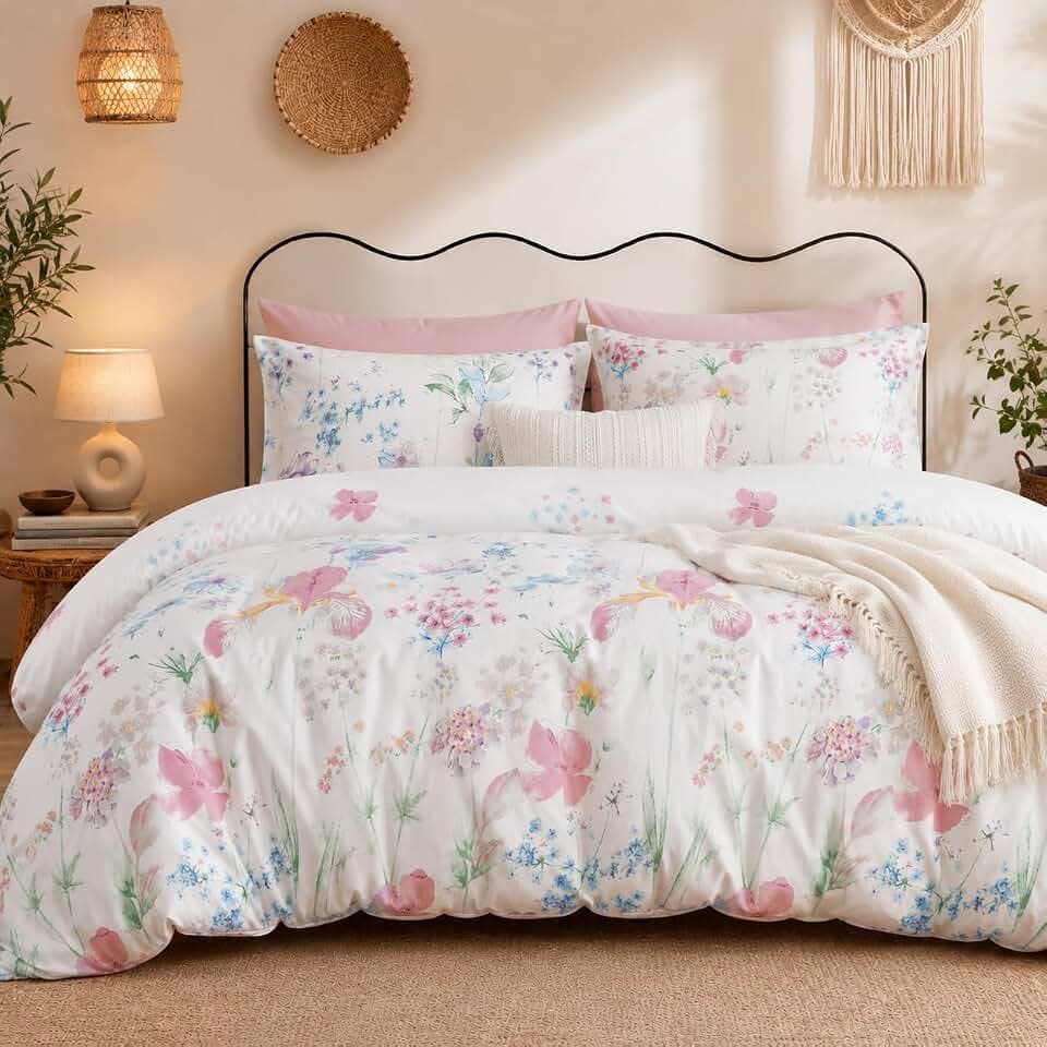 Lanqinglv Bettwäsche 135x200 Weiß Lila Blätter Blumen Wendebettwäsche