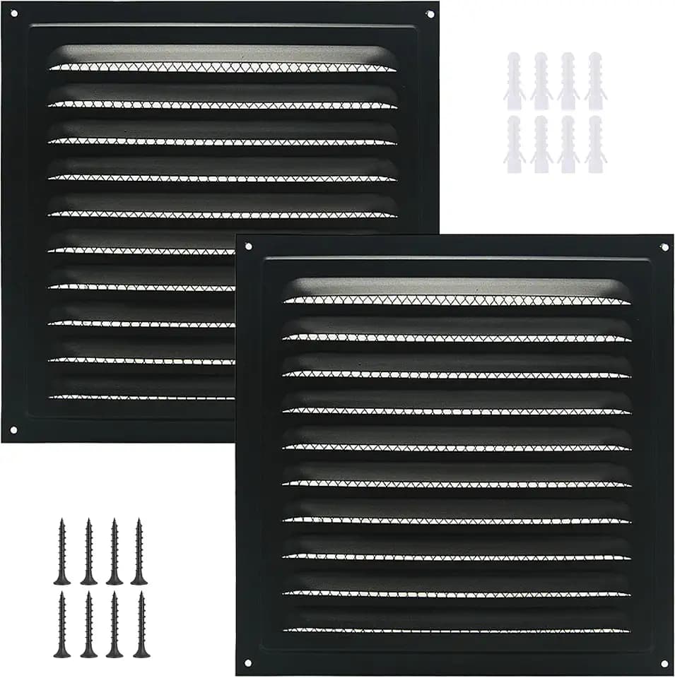2pcs Attic Vent Soffit Vent Aluminum Wall Vent Metal Shed Vent Square Vent Louver Vent Grille with Built-in Insect Screen for Exterior Door House Attic Garage Ceiling (Black 8" x 8"-2 Pack)