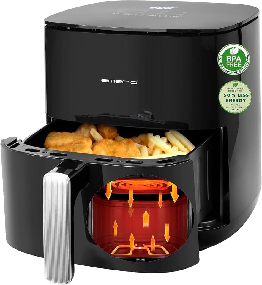 EMERIO Heißluftfritteuse mit 5L XL Volumen | für bis zu 4 Personen geeignet | neue Technologie: zwei Heizelemente aus Edelstahl (oben+unten) | 8 Automatikprogramme | 2000W | AF-131797.1