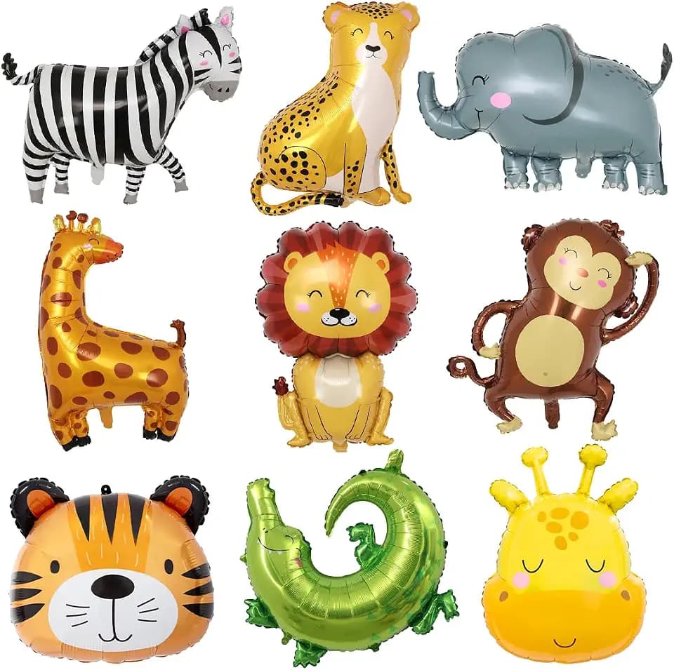 9 Stück Folienballon Tiere, XXL Löwe Tiger Elefant Luftballon, Waldtiere Giraffe Helium Ballons, Dschungel Krokodil Zebra Affe Safari Riesenballon, Waldtiere Ballons für Kinder Geburtstag Party Deko