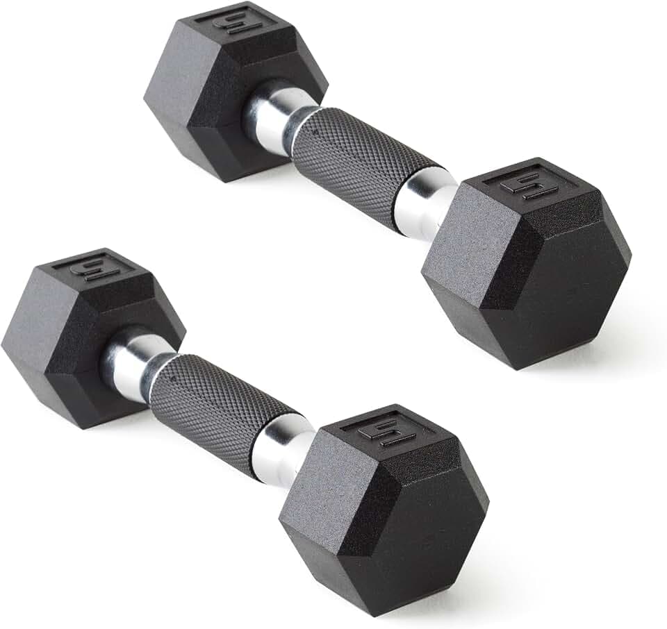 CAP Rubber Coated Dumbbell Weights, Free Weights for Home Gym Strength Training, Anti-Roll Hex Dumbbells with Black, Chrome & Comfort Grip Handles, Pairs & Sets