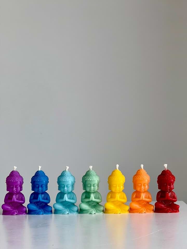 RS Buddha-Chakra Kerzen – 7er Set aus 100 % Bienenwachs – Handgemachte Chakra Figuren in Regenbogenfarben – Für Meditation, Yoga, Deko & Rituale