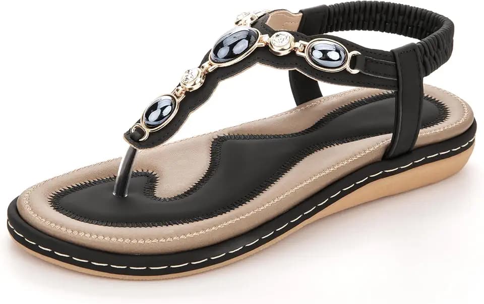 Flat Sandals for Women Dressy Summer-Extra Cushioned Rhinestone Comfortable T-Strap Thong Flats