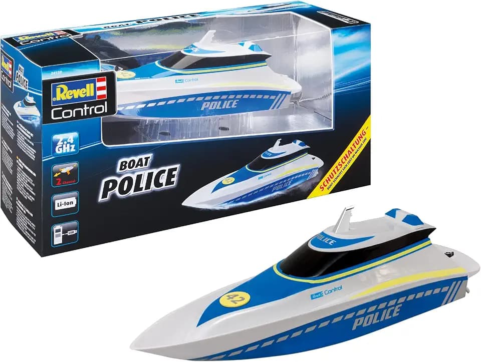 Revell Control Polizei Boot I Ferngesteuertes RC Boot I für Kinder und Erwachsene ab 8 Jahren I LI-ION Akku I Mit ergonomischer Pistolen-Fernsteuerung I 2,4 GHz, nur für Süsswasser-Gewässer geeignet