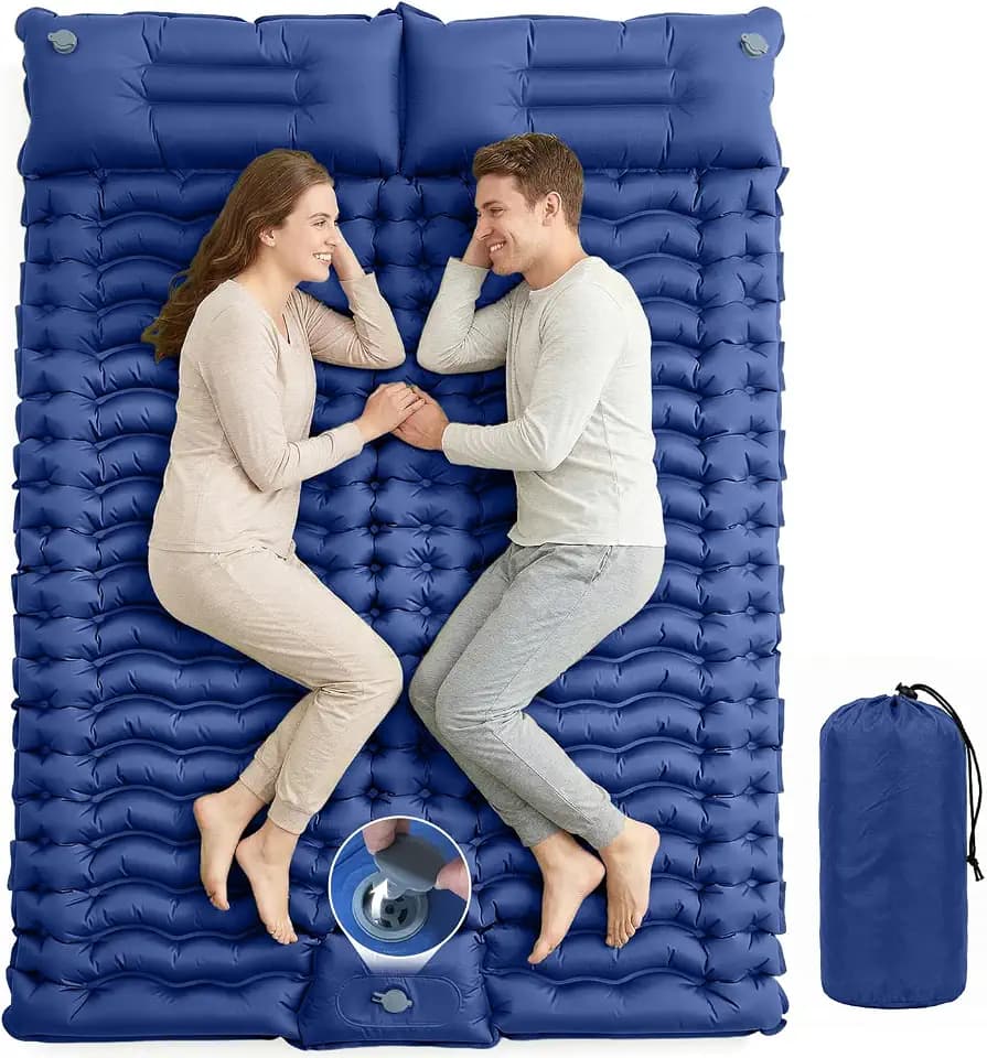 Doppelte Camping Isomatte Aufblasbar, Ultraleichte Isomatte mit Integriertem Kissen & Fußpumpe, wasserdichte Schlafmatte für 2 Personen, Kompakt für Camping, Trekking, Backpacking und Reisen, Blau