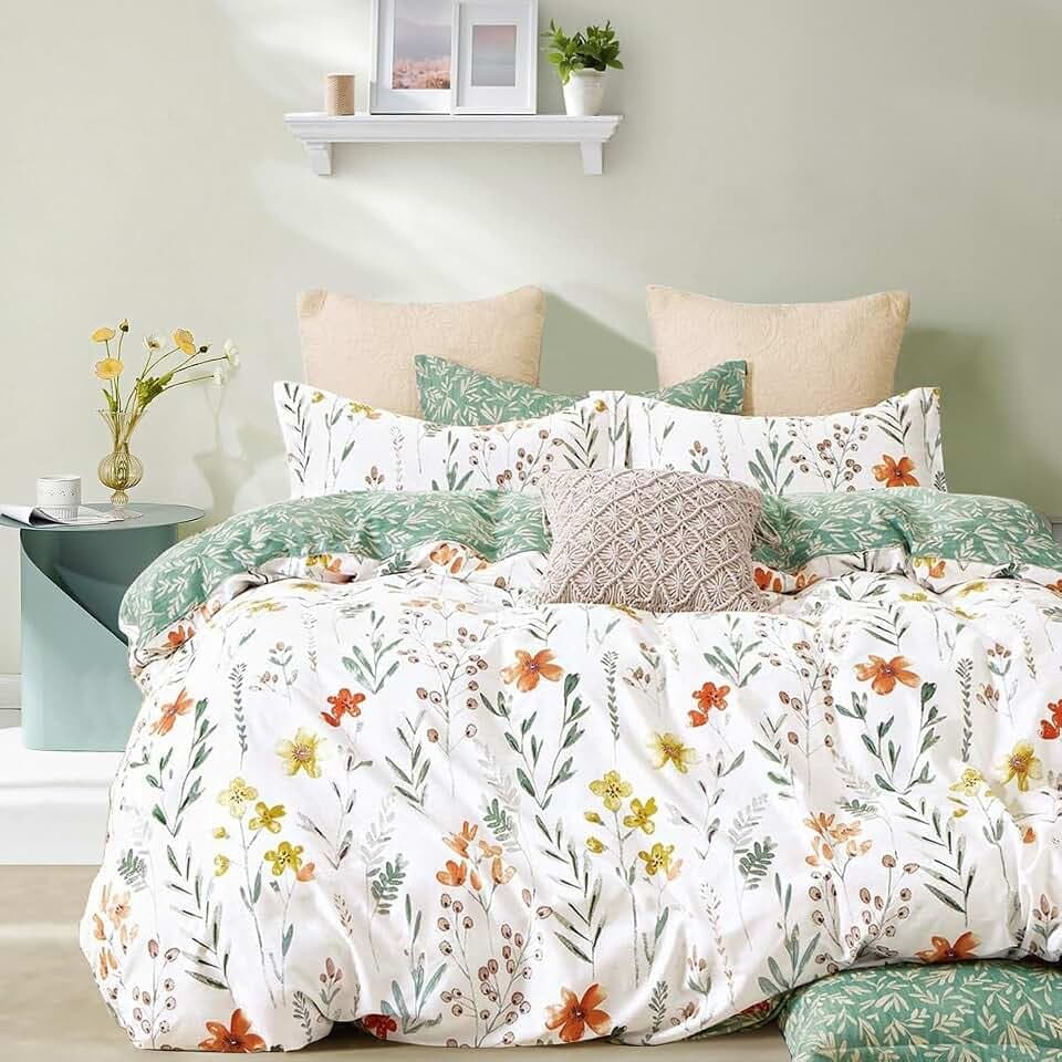 Lanqinglv Bettwäsche 155x220 Blumen Grün Weiß Pflanzen Wendebettwäsche Set