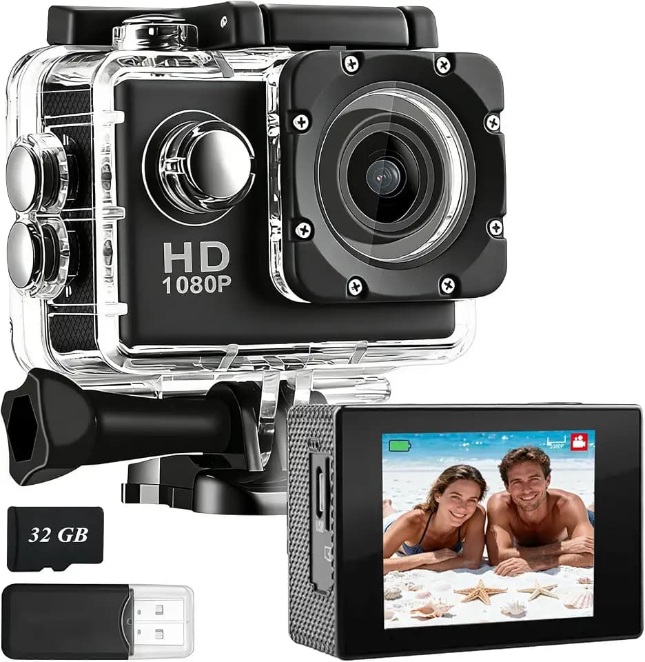 Action Cam FHD 1080P/12MP, Wasserdicht Unterwasserkamera bis 30M, 120 Grad Weitwinkel Action Kamera mit Zwei 900 mAh wiederaufladbare Akkus und Zubehör-Set