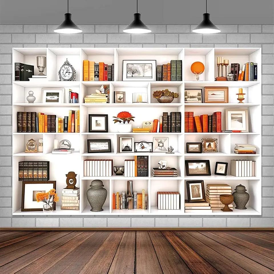 White Office Backdrop Modern Bookcase Photography Backdrop Video Background Library Bookshelf Home Office Decoration Zoom Backdrops for Photography 7X5FT