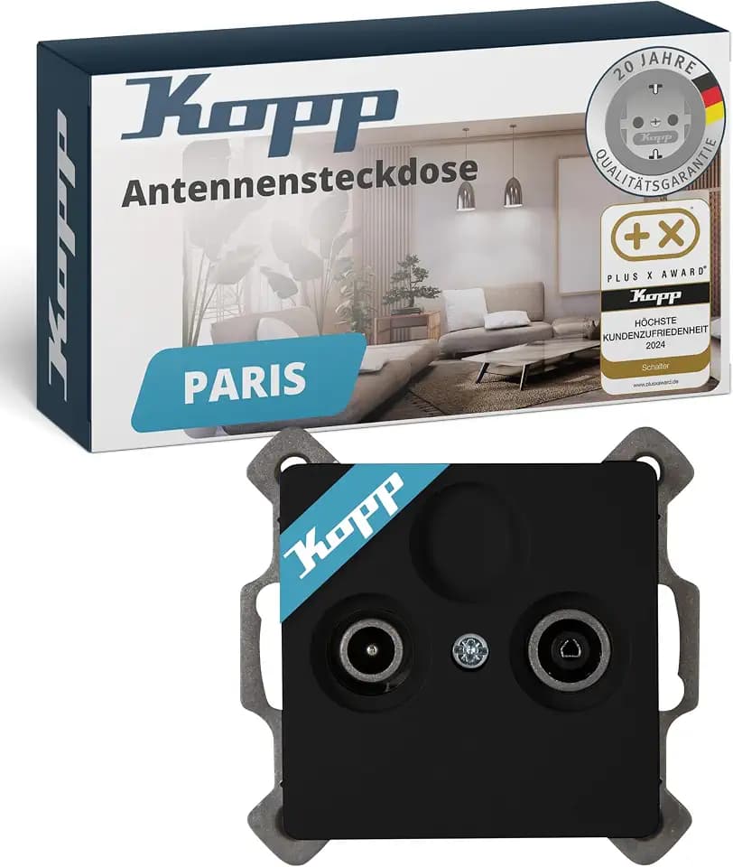Kopp PARIS 2-fach Antennensteckdose - Matt-Schwarz - Hochwertige IP20 TV-Kabel-Steckdose - Stilvolle TV/RF Antennendose aus mattem Kunststoff - SAT-Dose für alle gängigen Antennensteckdosen