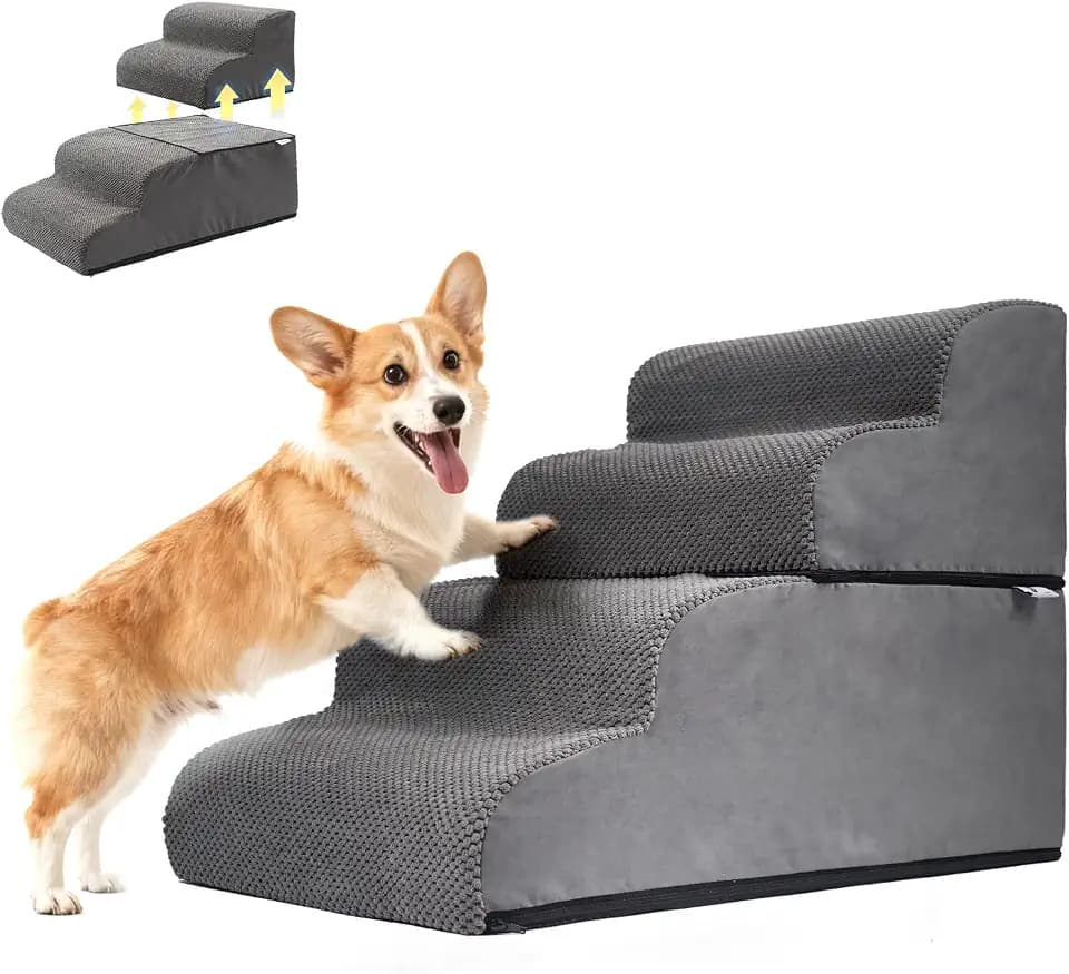 Mora Pets Hundetreppe, Haustiertreppe für Bett und Sofa Hunde Treppe 4 Stufen & teilbar (1 Treppe = 2 Lösungen) rutschfeste, waschbarer Bezug, Hunderampe aus Schwamm