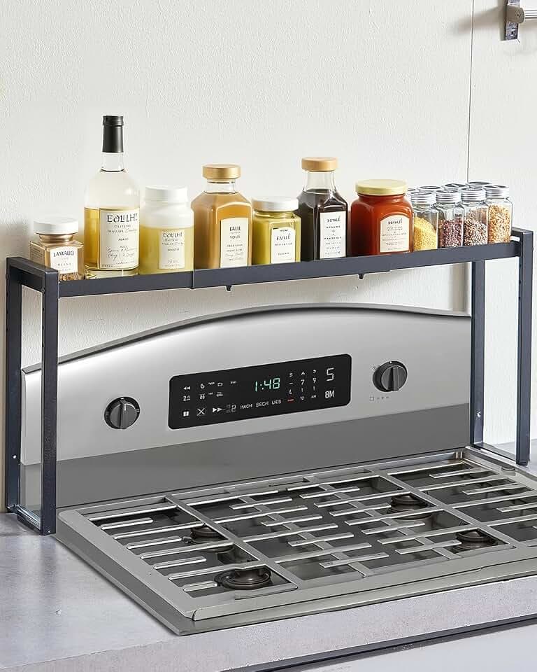 VEVOR Over the Stove Shelf, Adjustable 27-33Inch Spice Organizer, 4 Level Expandable Height Spice Rack for Kitchen Stove Top, Spice Organizer, Countertop Seasoning Organizer Storage Solution, Black
