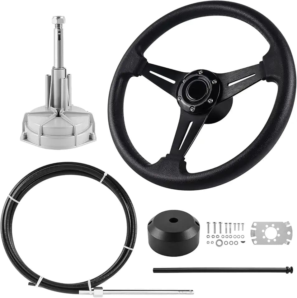 LOSCHEN Marine Steering System, 14 Feet Cable Outboard Steering Kit 3/4" Standard Tapered Shaft, Boat Steering Control Cable for Yachts, Fishing Boats and Waterborne Vehicles- with Steering Wheel