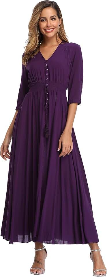 VintageClothing Women's Floral Maxi Dresses with Sleeves Flowy Boho Beach Dress