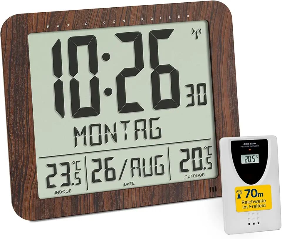 TFA Dostmann Digitale Wanduhr mit Holz Optik, 60.4518.08, inkl Funkuhr mit Außensender, Innen- und Aussentemperatur, gut ablesbar, mit Datum und Wochentag, für Wohnzimmer oder Küche geeignet, braun