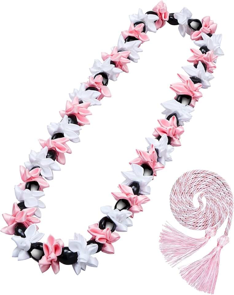 Cindeer Graduation Leis Class of 2026 Graduation Ribbon Leis with Kukui Nut Beads and Honor Cord Hawaiian Kukui Nut Beads Necklace for Party Student Gift Supplies