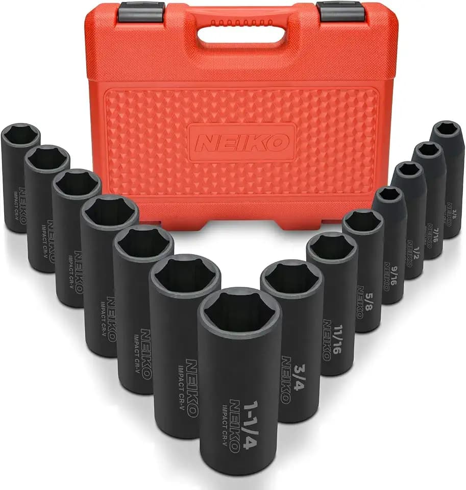 Neiko 02476A 1/2" Impact Socket Set, 14 Piece 6 Point Impact Set, Standard Impact Socket Set, SAE Sizes (3/8-Inch to 1-1/4") Cr-V Steel, Deep Socket Set 1/2 Drive,