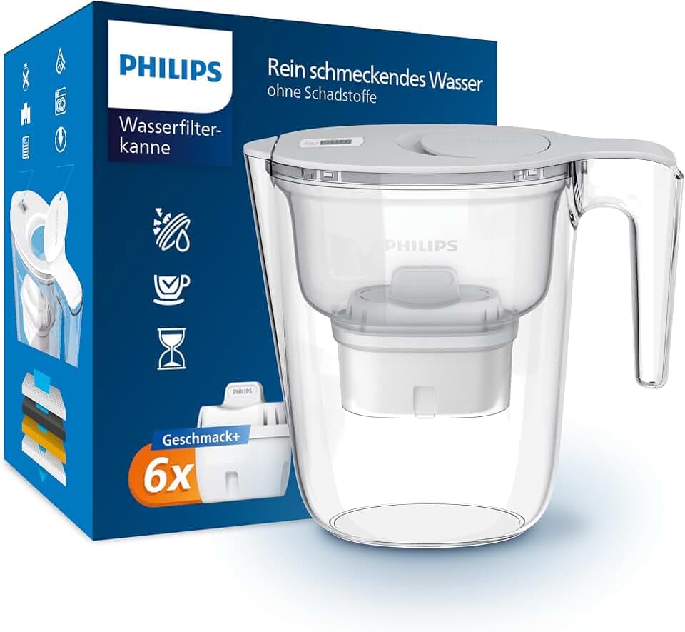 Philips Water Wasserfilterkanne +6 Geschmack+ Ersatzfilterkartuschen schneller Durchfluss elektronischer Timer filtert Chlor Kalk Schwermetalle und Mikroplastik 2,6 L