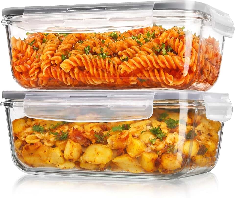 Large Glass Food Storage Containers with Lids, 2 Pack, 8 Cups/ 63oz