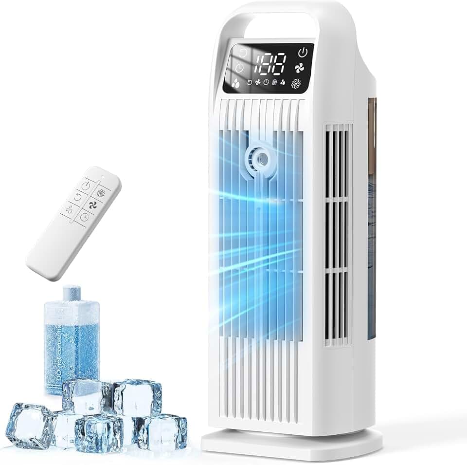 Portable Air Conditioners, 4 IN 1 Evaporative Air Cooler, 1200ML Water Tank, 3 Speeds & Storm Mode & Mist Spray, 120° Auto Oscillation, 12H Timer, Quiet Tower Cooling Fan for Room, Bedroom - White ﻿