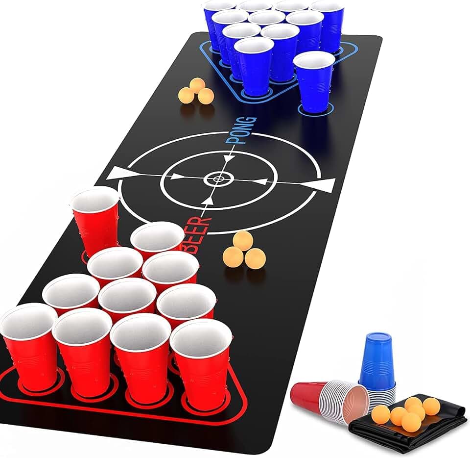 Faburo Spielteppich zum Trinken Bier-Pong (1,8 x 0,6 m), Bier Pong Tassen, Bier Pong Party Set Bierspiel Papier, Tischtennisball, Party, Tasse, Alkoholspiel für Erwachsene Party