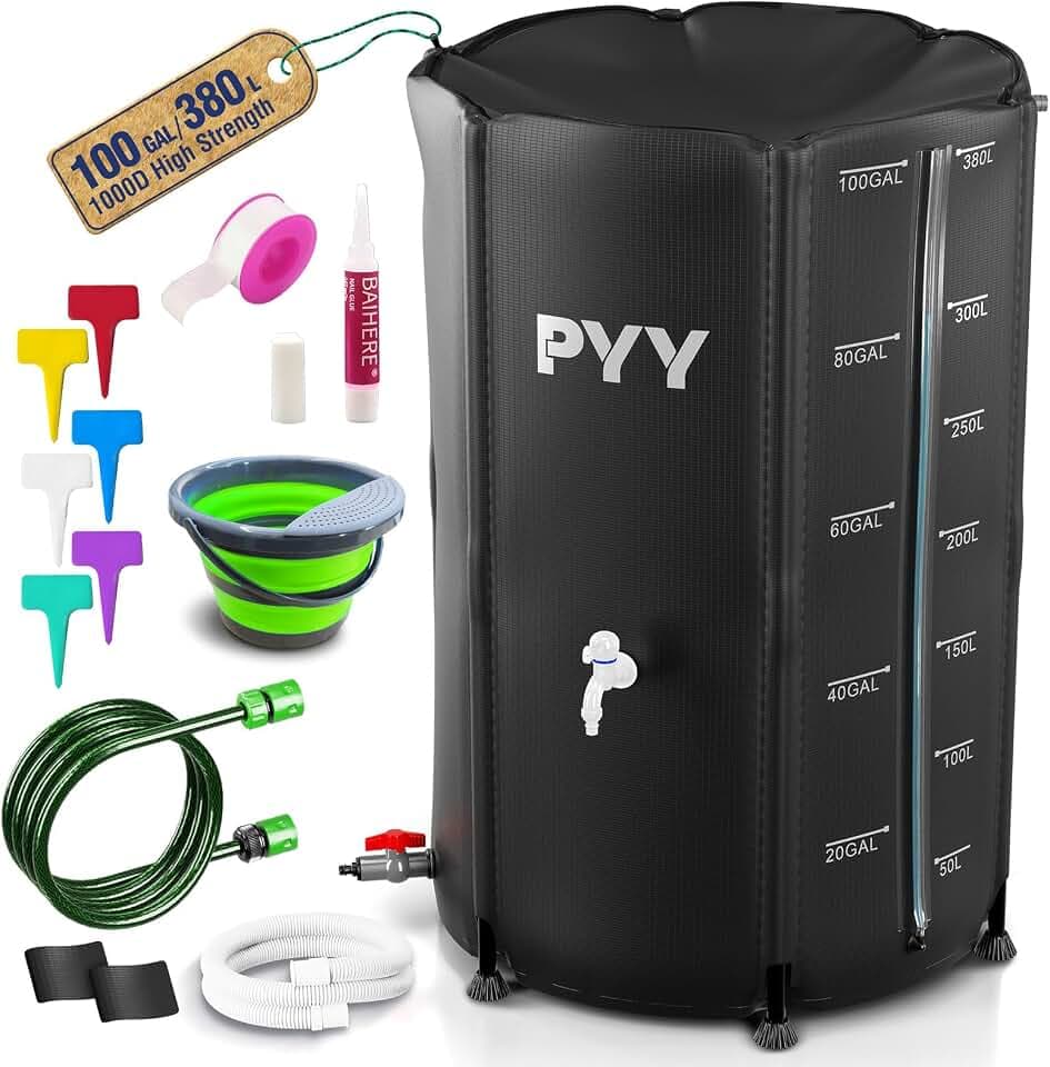 PYY Rain Water Collection Barrel - 100 Gallon Black Large Water Storage Tank with Spigots, Portable Rain Catcher to Collect Rainwater from Gutter, Plastic Rain Catchment System with Collapsible Bucket