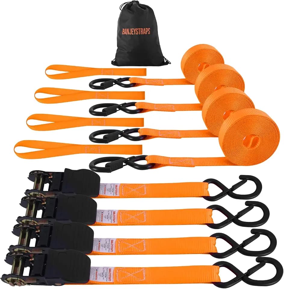 1" x 12' Heavy Duty Ratchet Straps (4-Pack) with 4 Soft Tie Downs & Bag - 1,750lb Break Strength, Safety S Hooks for Truck, Trailer, Motorcycle, Cargo Moving - Orange