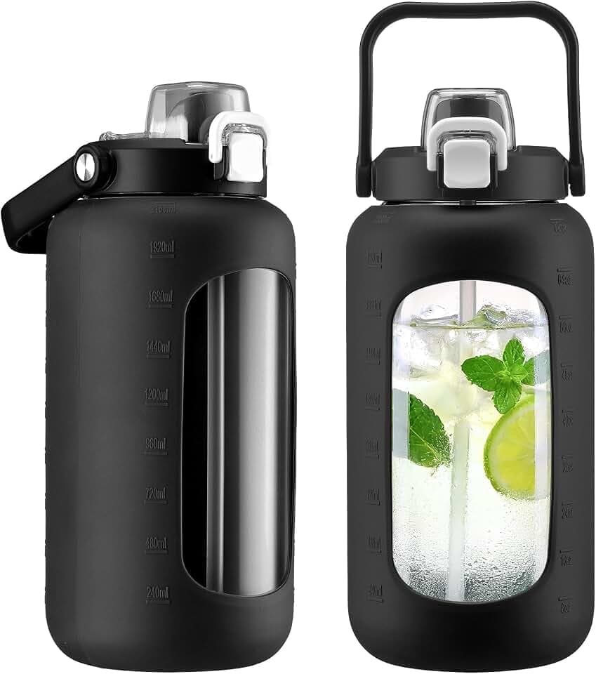 72oz Large Glass Water Bottle with Time Marker, Gallon Glass Jug-Black
