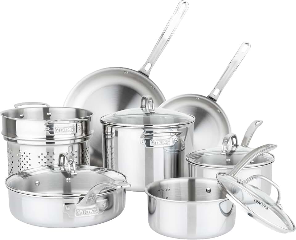 Viking Artisan 3-Ply Stainless Steel 11-Piece Cookware Set with Vented Glass Lids, Fry Pans, Saucepans, Saute Pan, Stock Pot with Strainer Insert, Oven Safe up to 600F