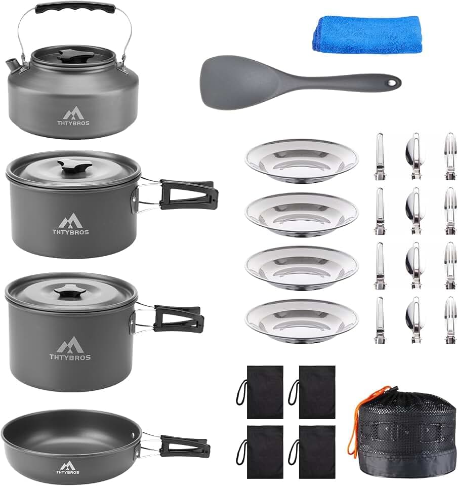 THTYBROS 27-teiliges Camping-Kochset für 2-4 Personen, tragbares Kochgeschirr-Set mit Wasserkocher, Töpfen und Pfannen, Edelstahl-Utensilien, Tellern, Geschirr für Rucksackreisen, Picknick