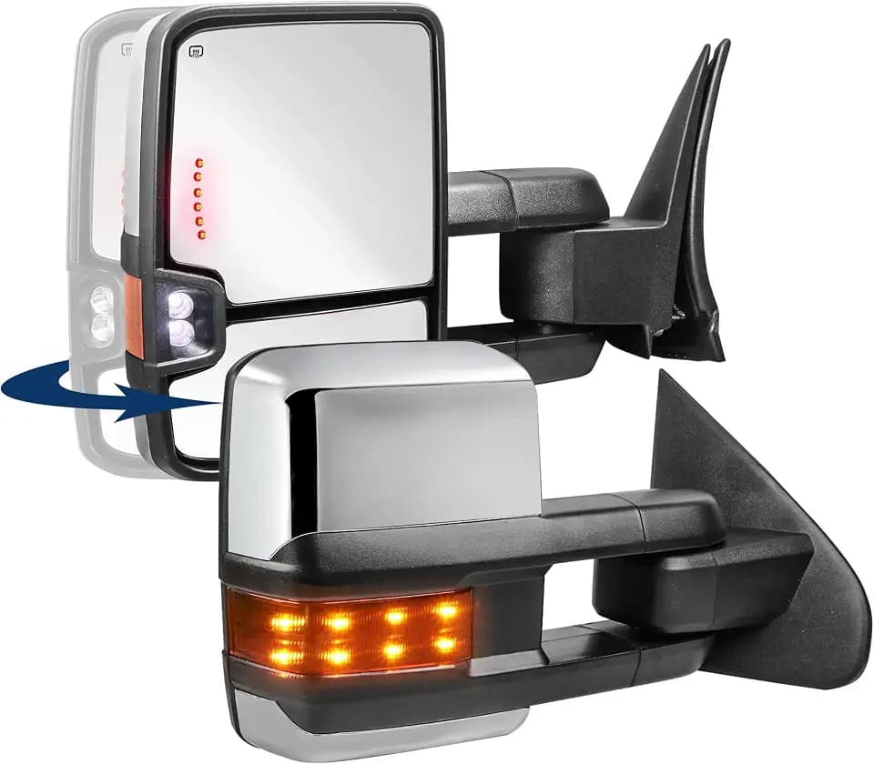 KUIPERAUTO Power Folding Towing Mirrors Power Heated Compatible for 2014-2019 Chevy Silverado 1500 2500 3500 HD/GMC Sierra w/Turn Light,Amber Running light, Extended Pair Set Chrome