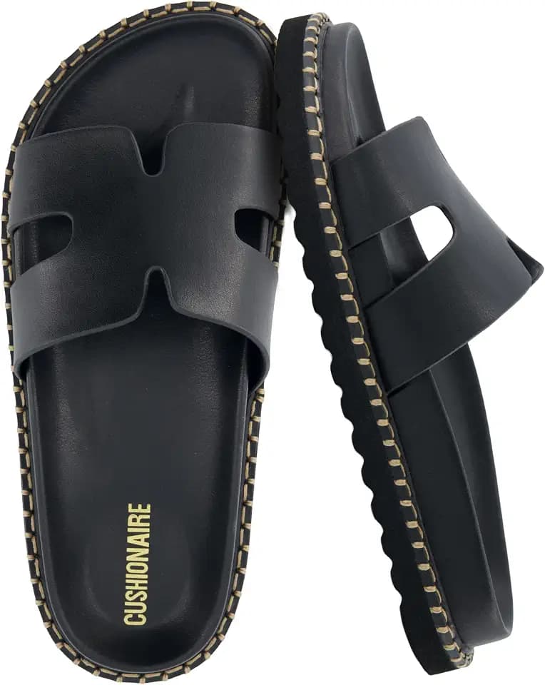 CUSHIONAIRE Crisp Women’s Slide Sandal – Faux Leather Cutout Slip-On with Artisan Stitching & Memory Foam, Wide Widths Available
