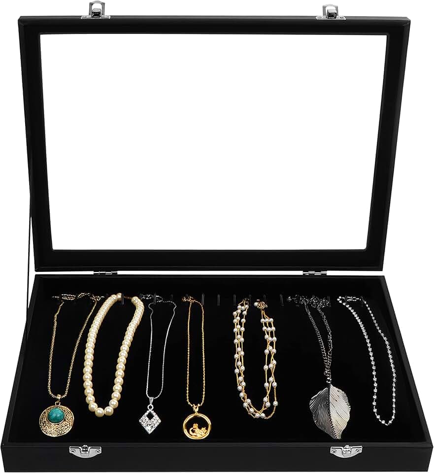 Kurtzy Schmuck Aufbewahrungssystem Schmuckkasten Schwarz, Samt Box Glas Deckel Verschließbar&20 Haken – Schmuckaufbewahrung Stapelbar Schmuckschatulle Schubladen Ketten Aufbewahrung, Armband, Ohrringe