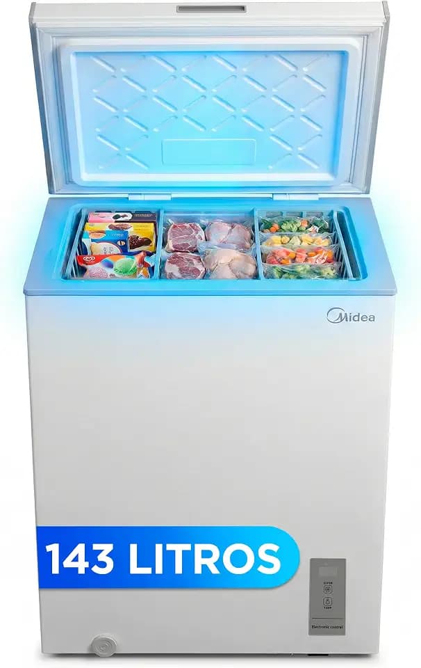 MIDEA Arcon Kleiner Gefrierschrank, 143 l, horizontal, umwandelbar zu Kühlschrank mit Invertermotor, elektronische Temperaturkontrolle, Körbe mit Griff, leise, 37 dB, energiesparend