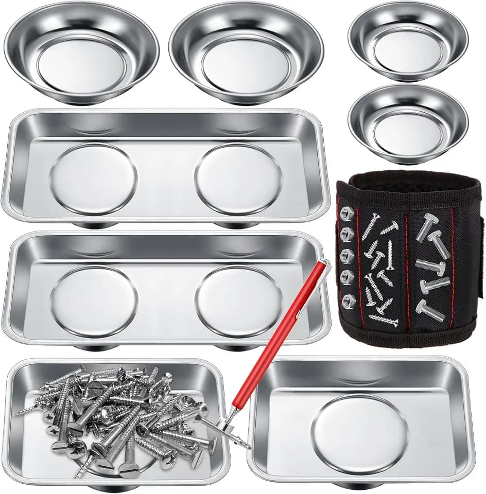 Jingmore 10 Pcs Magnetic Trays Set Includes 8 Round and Rectangular Magnet Tool Tray 1 Pair Black Magnetic Wristband and 1 Magnetic Pickup Tool for Parts Socket Screw Nut Bolt Mechanic and Automotive