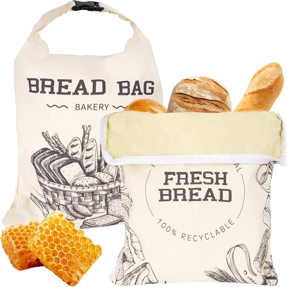 2 Stück Brotbeutel, Wiederverwendbare Bienenwachs Brotbeutel, Leinenbeutel für Sauerteig, Natürliche Bienenwachs-beschichtete Baumwoll-Aufbewahrungsbeutel für Brot, Obst und Gemüse (1)