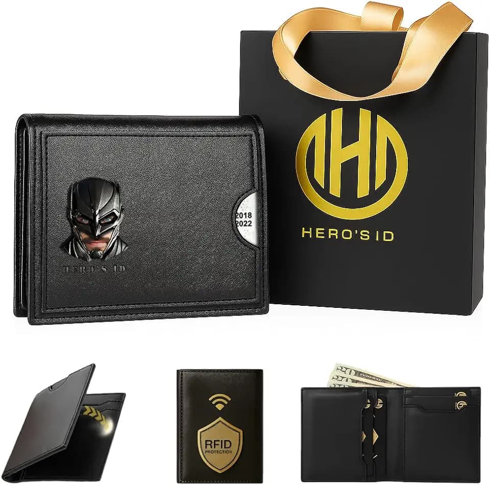 Leather Bat Wallet for Men Valentines day gift for him Personalized Gift for Husband Unique Birthday Holiday Gifts Best for Anniversary | Hero ID with 3D Metalic Superhero Mask (Bifold - 3D Mask)