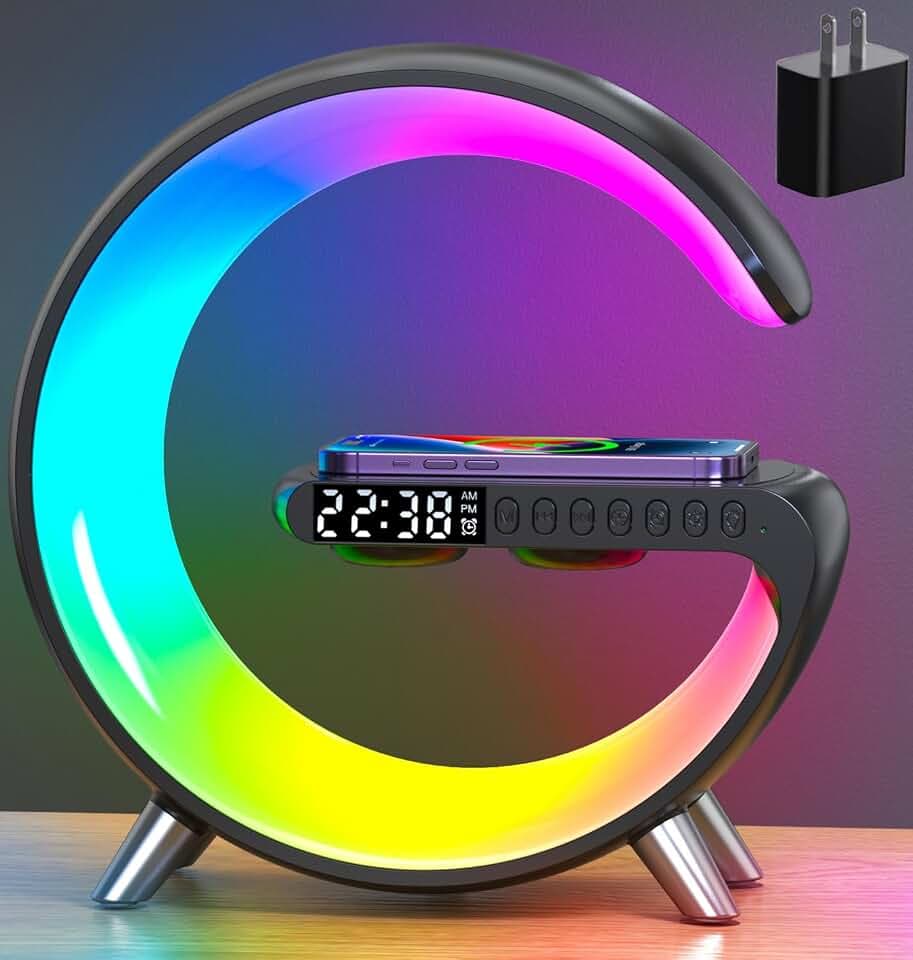 Smart LED Table Lamp, 4-in-1 Wireless Charger, Night Light, Alarm Clock, Bluetooth Speaker with App Control, Bedside Lamp with Charging Station for Bedroom, Office, Home Decor, Teen Girls Boys Gifts