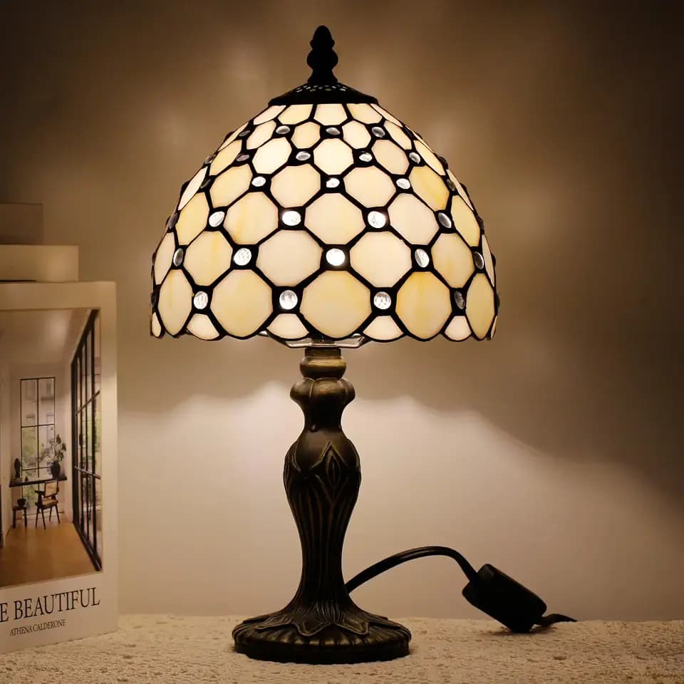 Small Tiffany Stained Glass Table Lamp,White Yellow