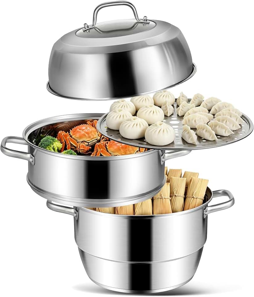 VENTION Dampfgarer Topf Induktion, Kartoffeldämpfer 28 cm, Dampfgarer Kochtopf Edelstahl 3 Etagen, Dampfgartopf, Couscous Topf 7,7L