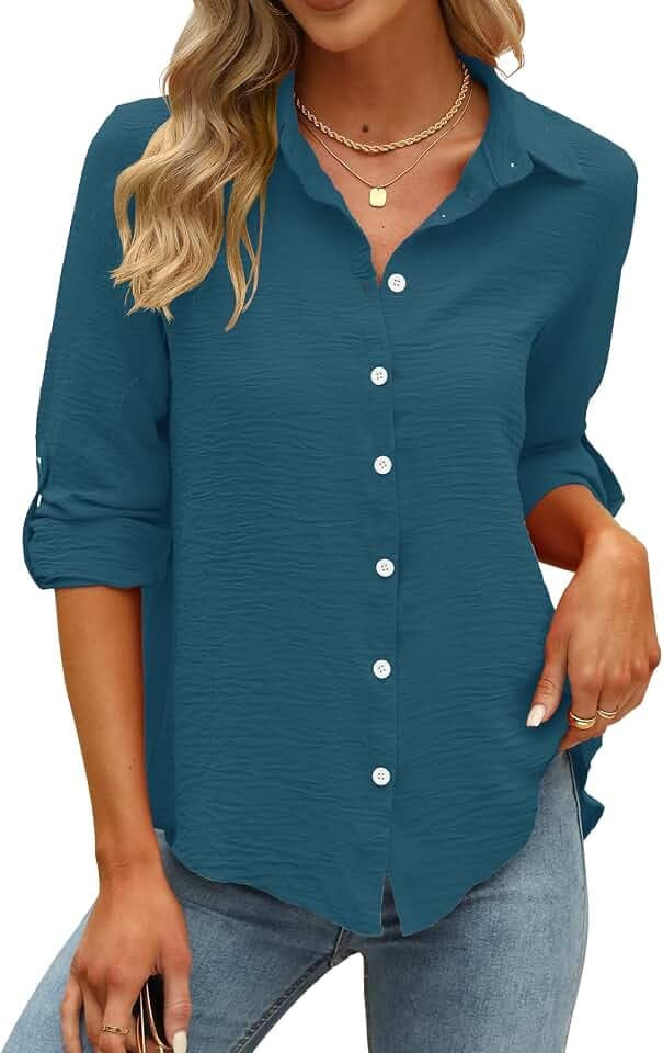 Odosalii Damen Oberteile,Damen Lose 3/4 Arm Langarmshirt Sommer Bluse Elegant Basic V Ausschnitt Shirts Modisch Arbeit Party Beerdigung Longshirt Longbluse Longtops mit Knöpfen(Blaugrün,Small)