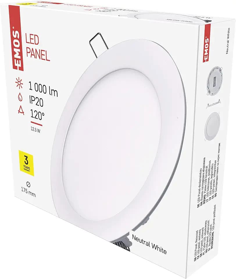 EMOS LED Einbauleuchte 12W rund, extra flaches LED Panel / Einbaustrahler mit Driver, Ø 175 mm, Einbautiefe 21mm, Ersatz für 70W Glühbirne, Lichtfarbe neutralweiß 4000K, Helligkeit 1000 lm