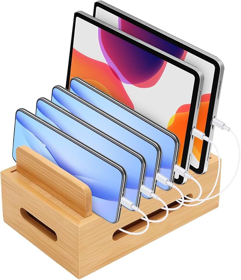 Ladestation aus Holz für Mehrere Geräte, Handy-Dock Tragbarer Tablethalter Handystation Telefonhalter Schreibtisch-Dockingstation Aufbewahrungshalter 12 x 19 x 9 cm