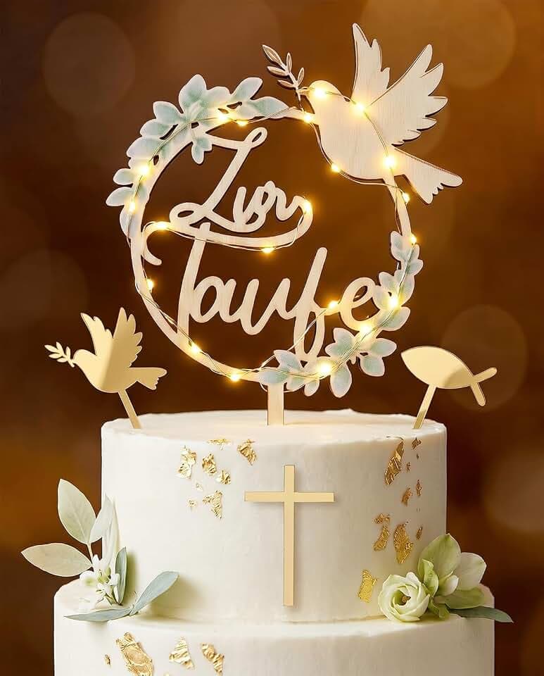4 Stück Cake Topper Taufe mit LED, Tortendeko Taufe aus Holz und Acryl