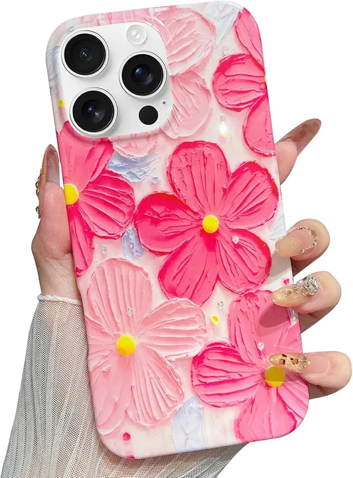 for iPhone 14 Pro max Cute Floral Flowers Oil Painting Women Girly with Charms Phone Strap Lanyard Shockproof Protective Women Girly Phone Cases