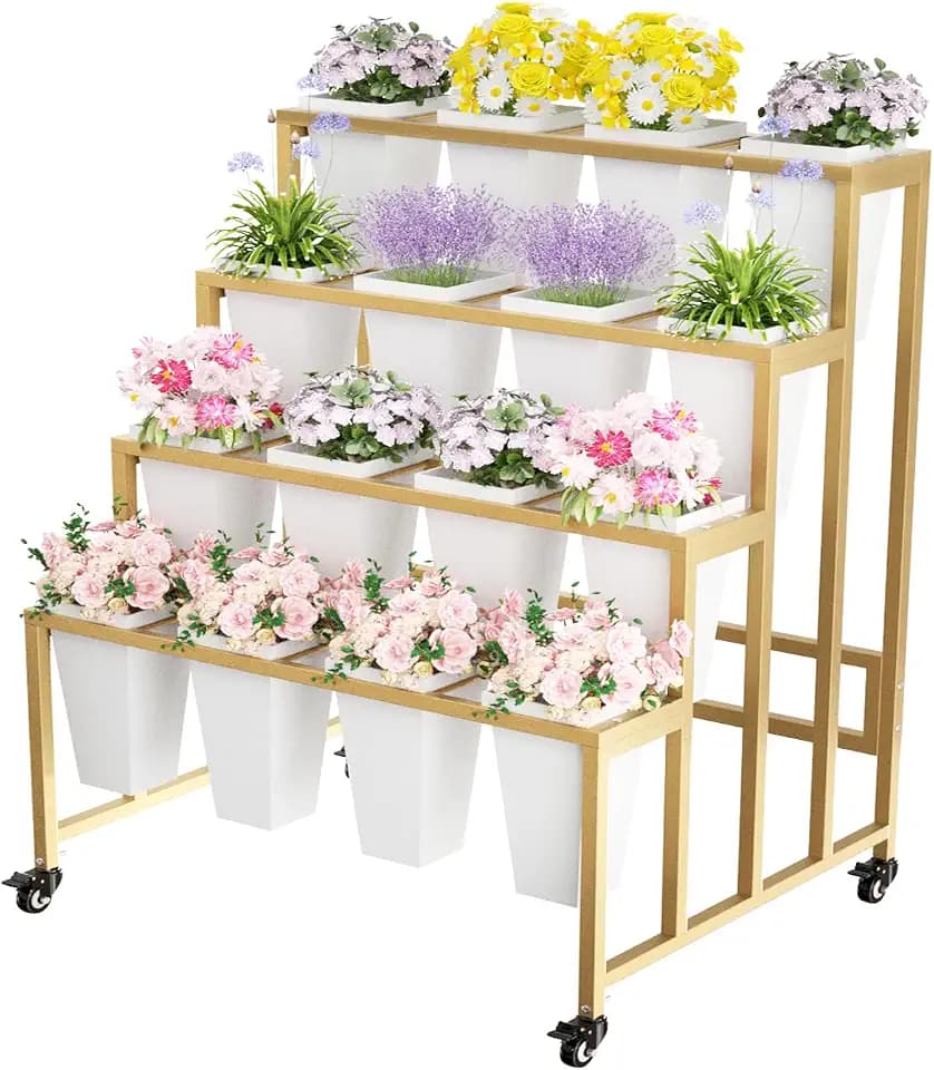Flower Display Stand with 16 Buckets, 4 Layers Flower Bar, Gold Metal Plant Stand with Wheels, Heavy Duty Flower Cart for Indoor Outdoor Patio Garden Wedding Florist, Gold Metal Frame