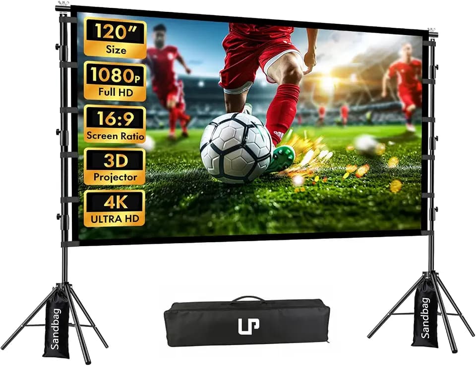 LP Outdoor Projector Screen with Stand, 120 inch Portable Projection Screen 16:9 4K HD Front Rear Projection Screen with Carry Bag, Sandbag - Wrinkle-Free Design for Home Theater Backyard Cinema