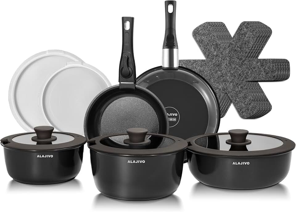 Topfset mit Abnehmbarer Griff, 17-Teilig Topfsets Pfannenset mit Keramik Antihaft Beschichtet, Topfset Induktion Kochtopf Set mit Deckel