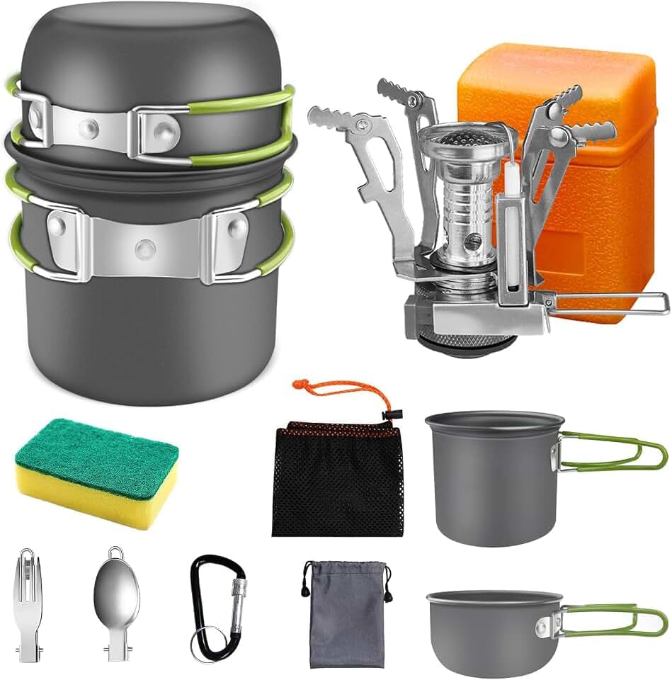 AUTOPkio Camping Kochgeschirr Set für 1-2 Personen, Outdoor Faltbare Camping Topf mit Gaskocher Picknick Geschirr Kit Leicht Aluminium Kochset für BBQ, Wandern, Kochen, Flüssiggas